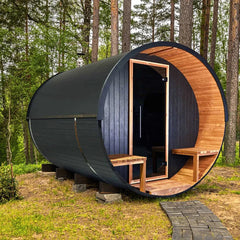 Stylish Black Barrel Sauna with Porch – 4 Person Outdoor Thermally Modified Wood Sauna