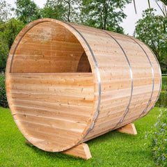 2–4 Person Traditional Outdoor Panoramic Barrel Sauna with Glass Front – Cedar & Hemlock