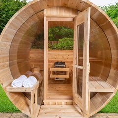 2–4 Person Traditional Outdoor Panoramic Barrel Sauna with Glass Front – Cedar & Hemlock