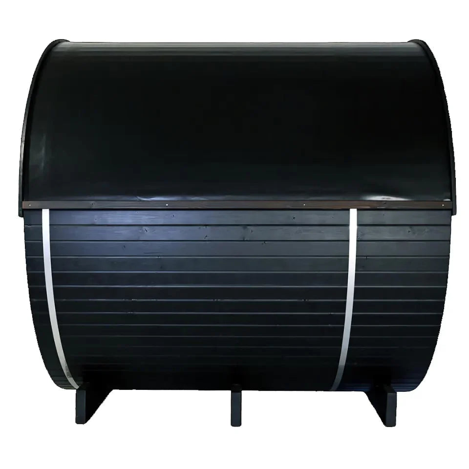 Stylish Black Barrel Sauna with Porch – 4 Person Outdoor Thermally Modified Wood Sauna