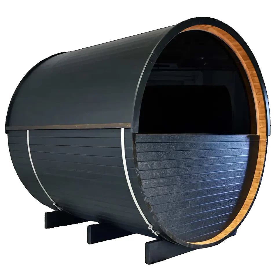Stylish Black Barrel Sauna with Porch – 4 Person Outdoor Thermally Modified Wood Sauna