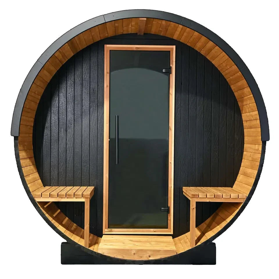 Stylish Black Barrel Sauna with Porch – 4 Person Outdoor Thermally Modified Wood Sauna