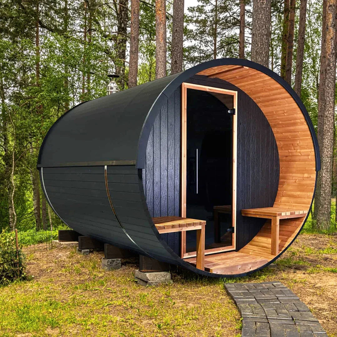 Stylish Black Barrel Sauna with Porch – 4 Person Outdoor Thermally Modified Wood Sauna