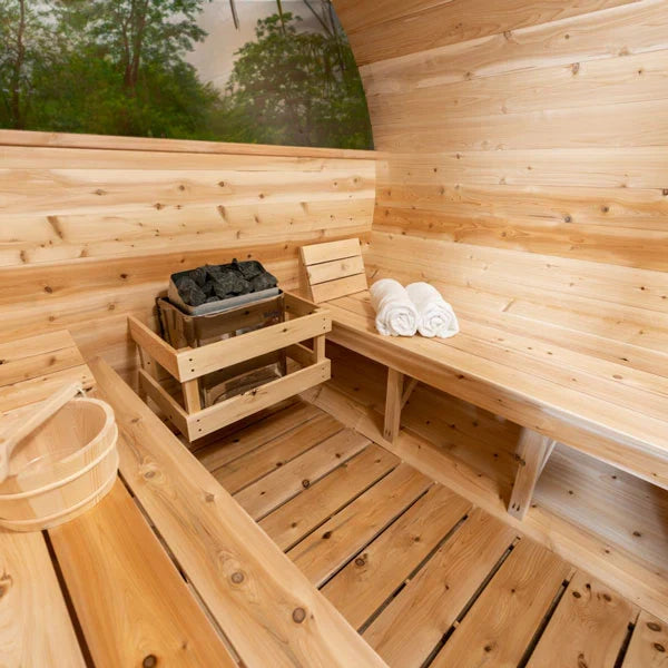 2–4 Person Traditional Outdoor Panoramic Barrel Sauna with Glass Front – Cedar & Hemlock