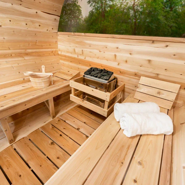 2–4 Person Traditional Outdoor Panoramic Barrel Sauna with Glass Front – Cedar & Hemlock