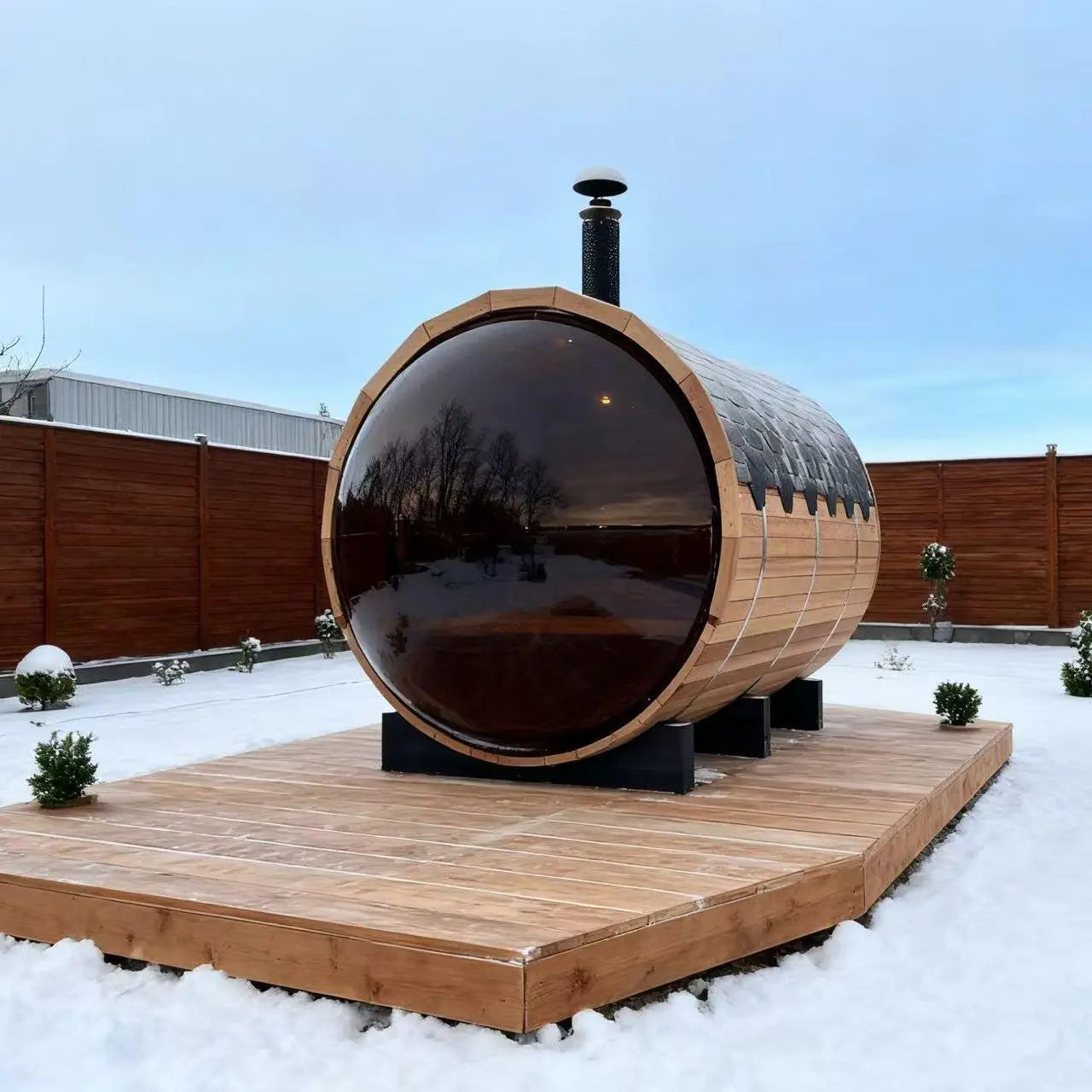 6 Person Outdoor Barrel Sauna with Front Porch & Panoramic Glass – Red Cedar Steam Sauna Kit