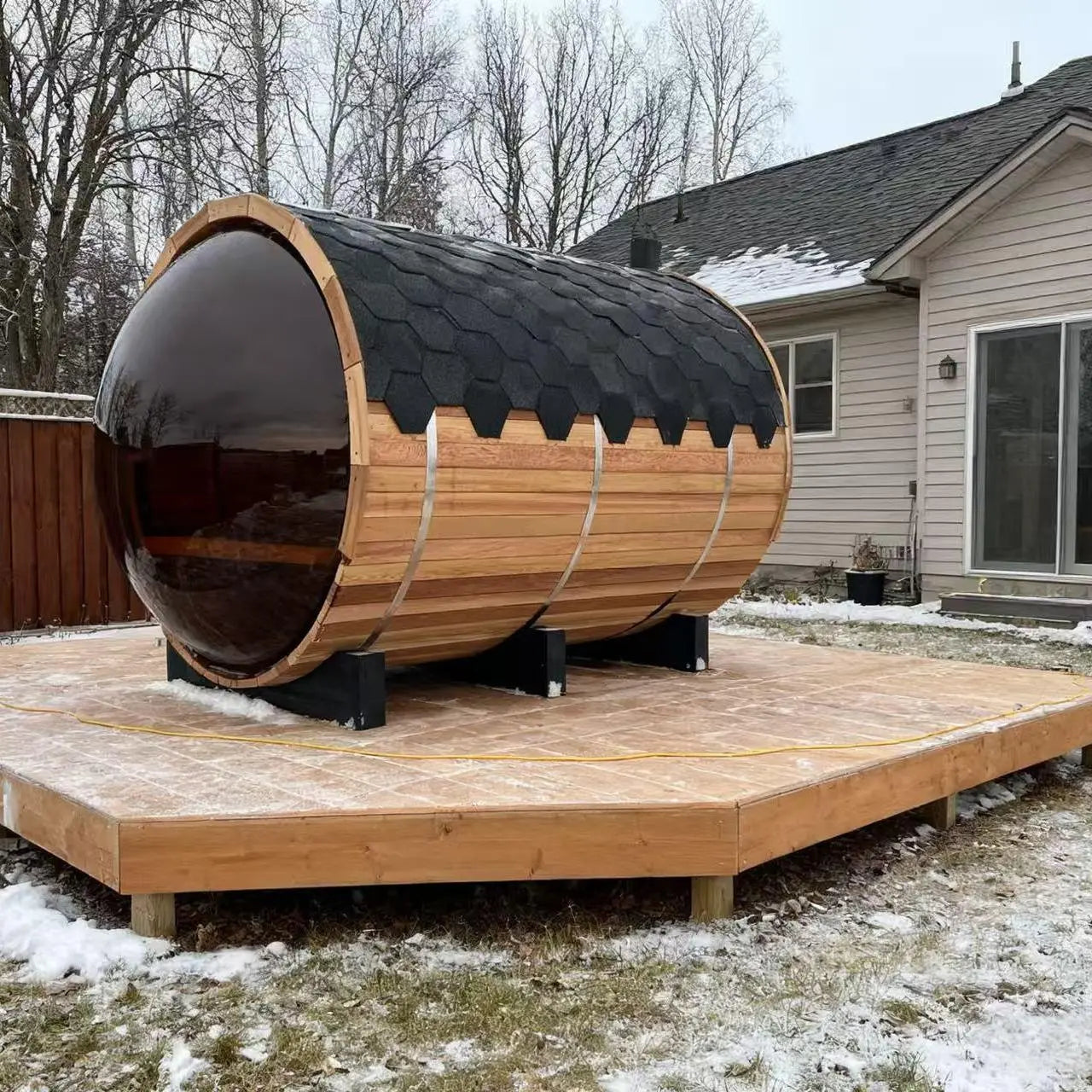 6 Person Outdoor Barrel Sauna with Front Porch & Panoramic Glass – Red Cedar Steam Sauna Kit