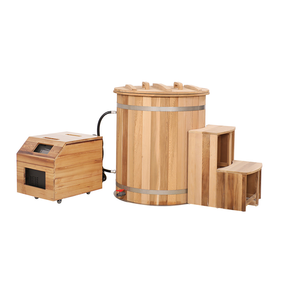 Round Red Cedar Cold Plunge Tub – Wooden Cryotherapy Spa Barrel for Recovery & Wellness