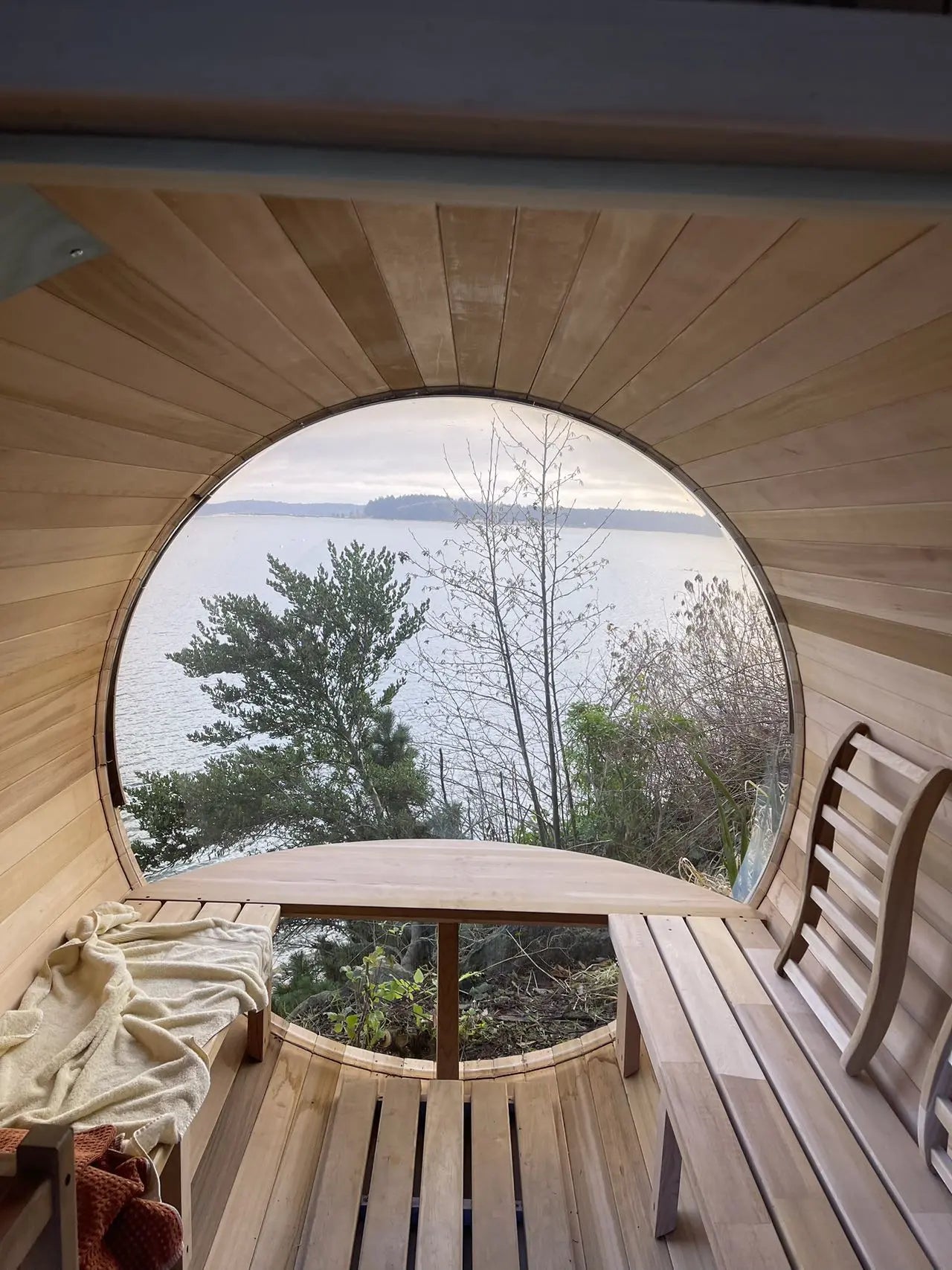 6 Person Outdoor Barrel Sauna with Front Porch & Panoramic Glass – Red Cedar Steam Sauna Kit