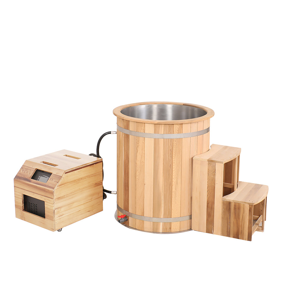 Round Red Cedar Cold Plunge Tub – Wooden Cryotherapy Spa Barrel for Recovery & Wellness