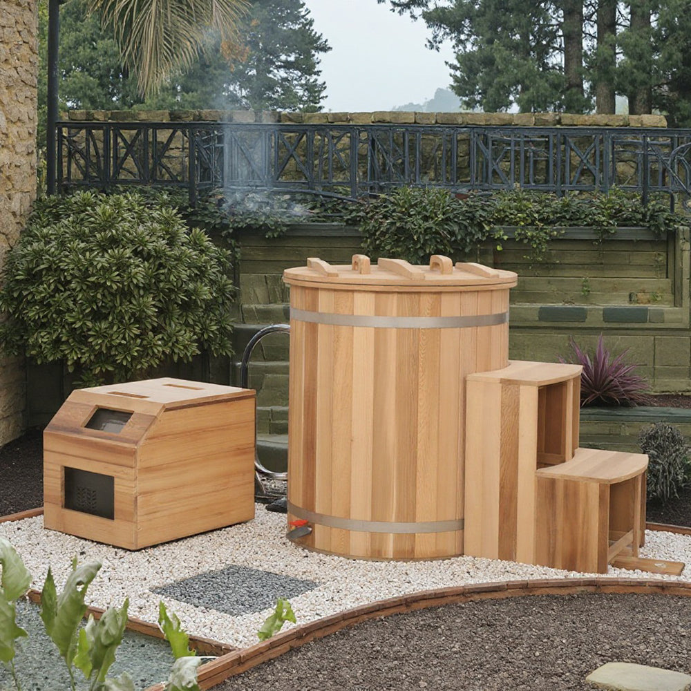 Round Red Cedar Cold Plunge Tub – Wooden Cryotherapy Spa Barrel for Recovery & Wellness