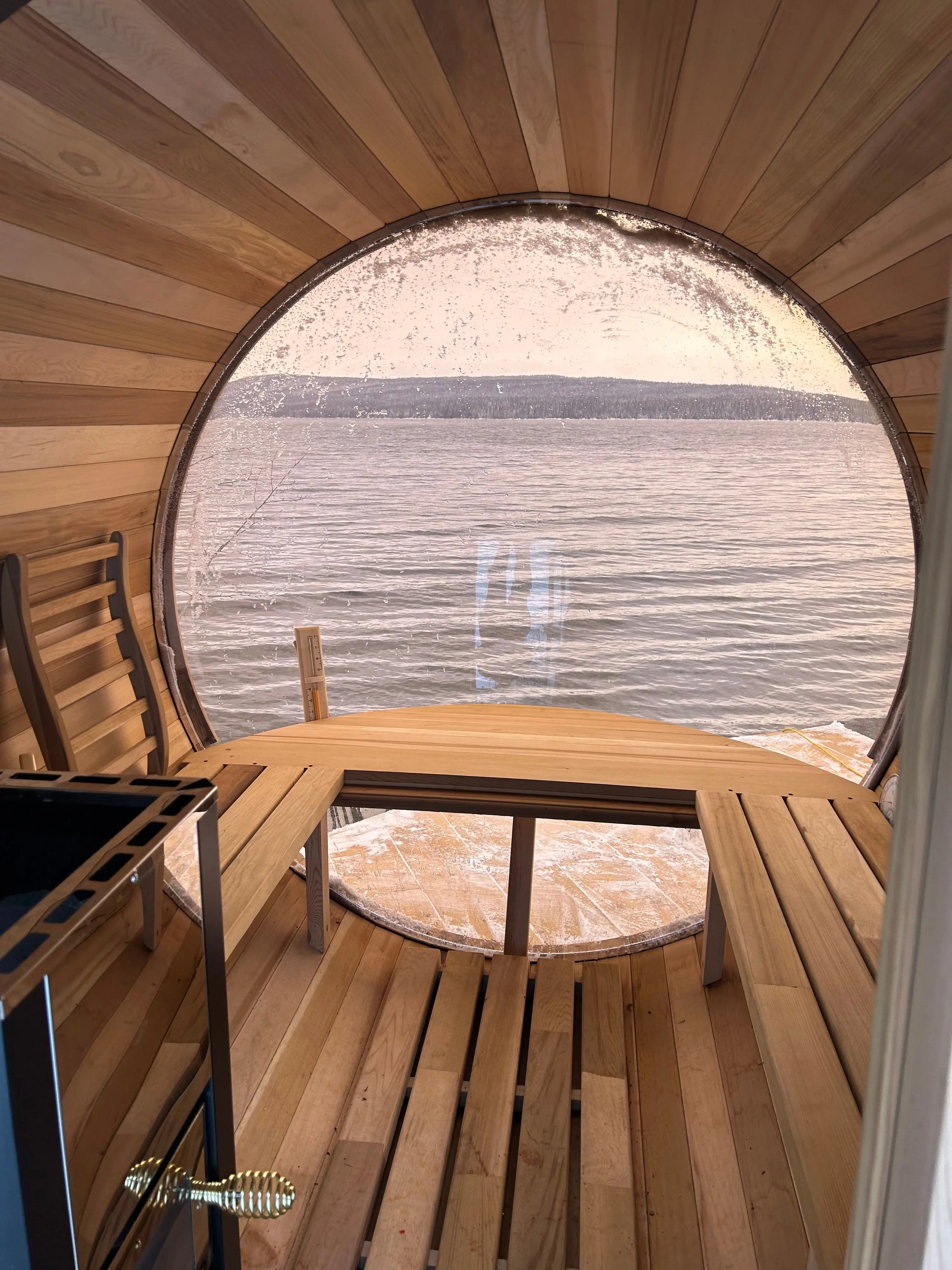 6 Person Outdoor Barrel Sauna with Front Porch & Panoramic Glass – Red Cedar Steam Sauna Kit